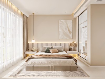 现代奶油风卧室3D模型下载